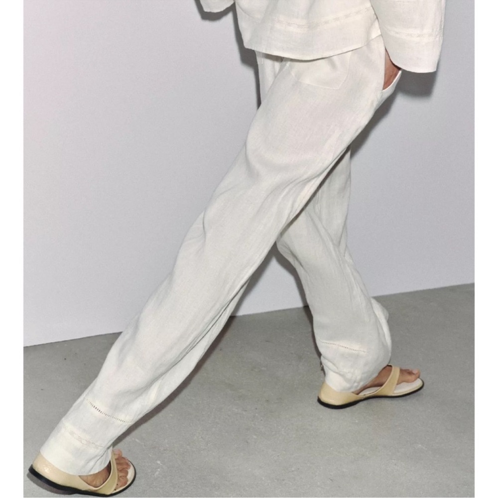 Zara 100% linen drawstring pants ladder stitch - Picture 4 of 10